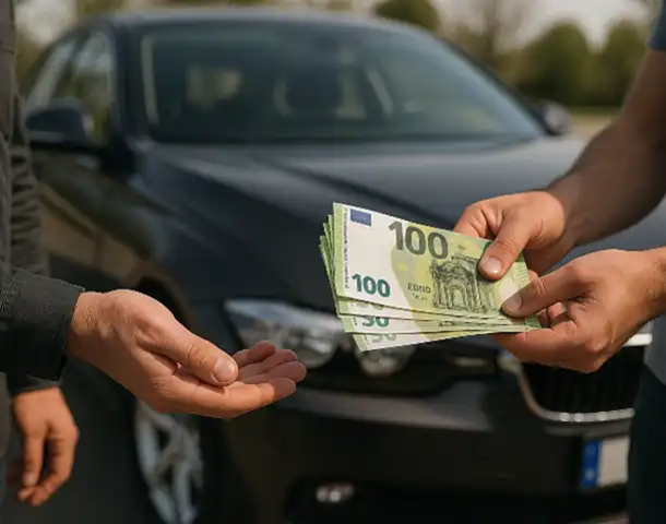 Ein zufriedener Kunde erhält beim Autoankauf in Bernau den vereinbarten Barkaufpreis für sein Fahrzeug.